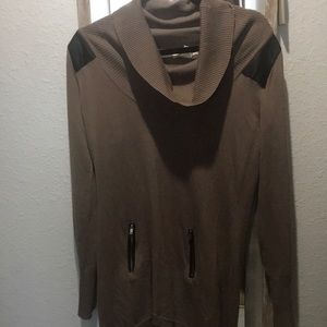 Tan cowl neck sweater with leather details
